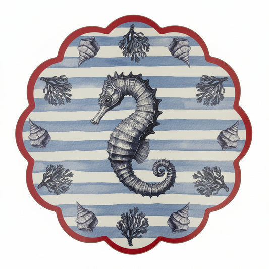 Samples Blue striped with red pattern coastal scalloped printed placemats. X 3