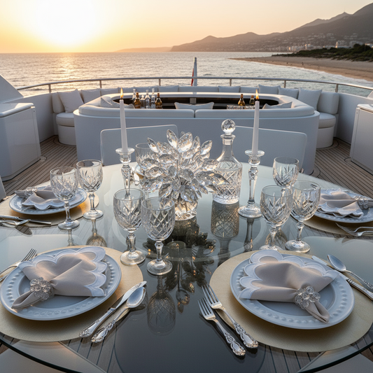 Decorative crystal ball napkin with design on a white plate with gold and champagne faux leather round placemat