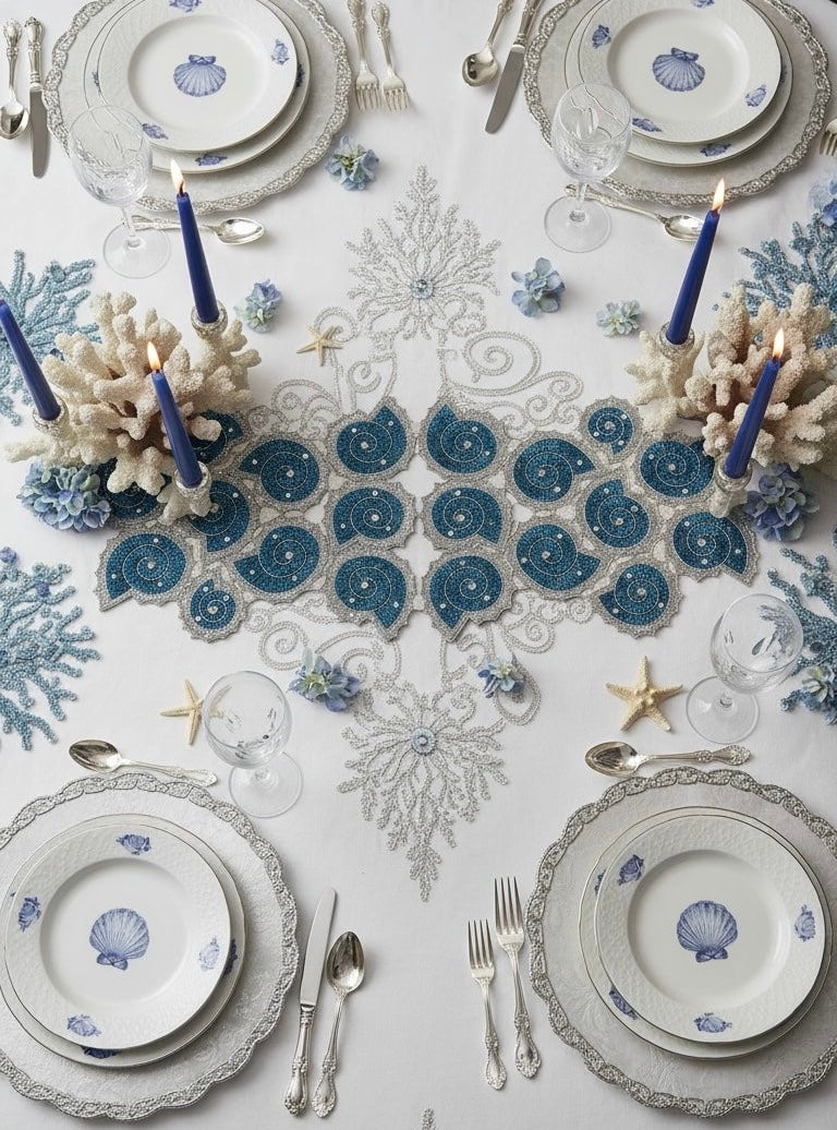 Decorative table setting with blue and white theme, including plates, cutlery, and candles with Elegant table setting with Handmade beaded decorative table runner in the shape of a shell with blue spiral design and silver rhinestone embellishments with silver carved cutlery and wine glass