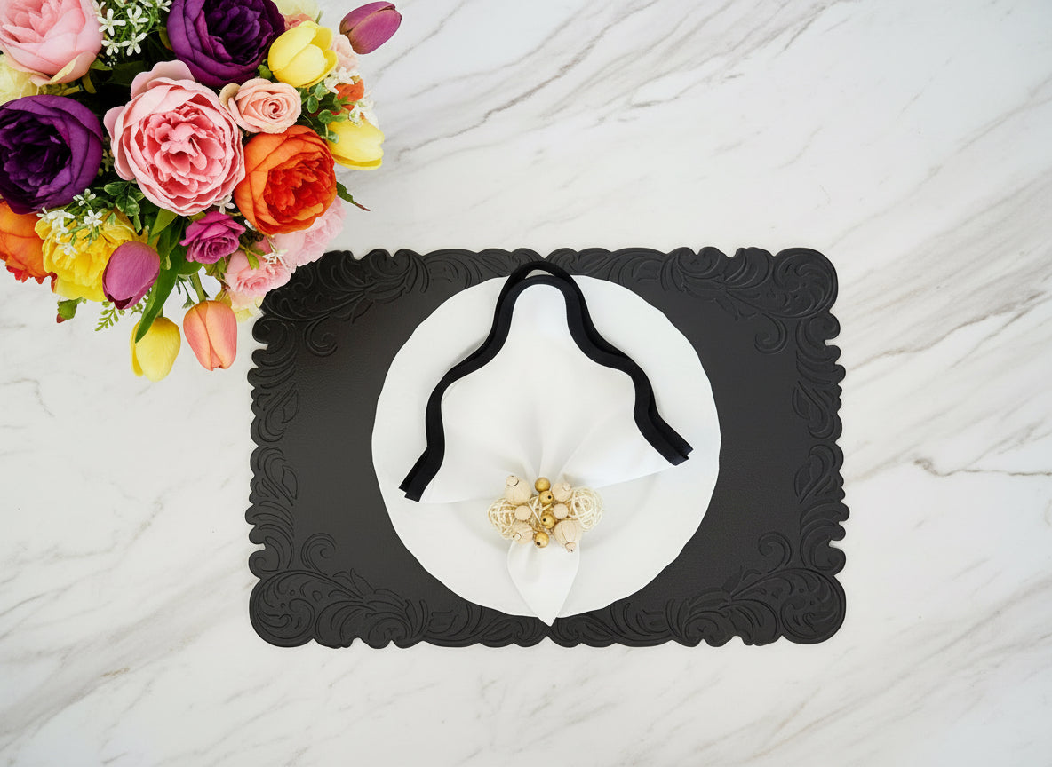 Black Embossed Faux Leather Rectangle Placemat, Set of 4