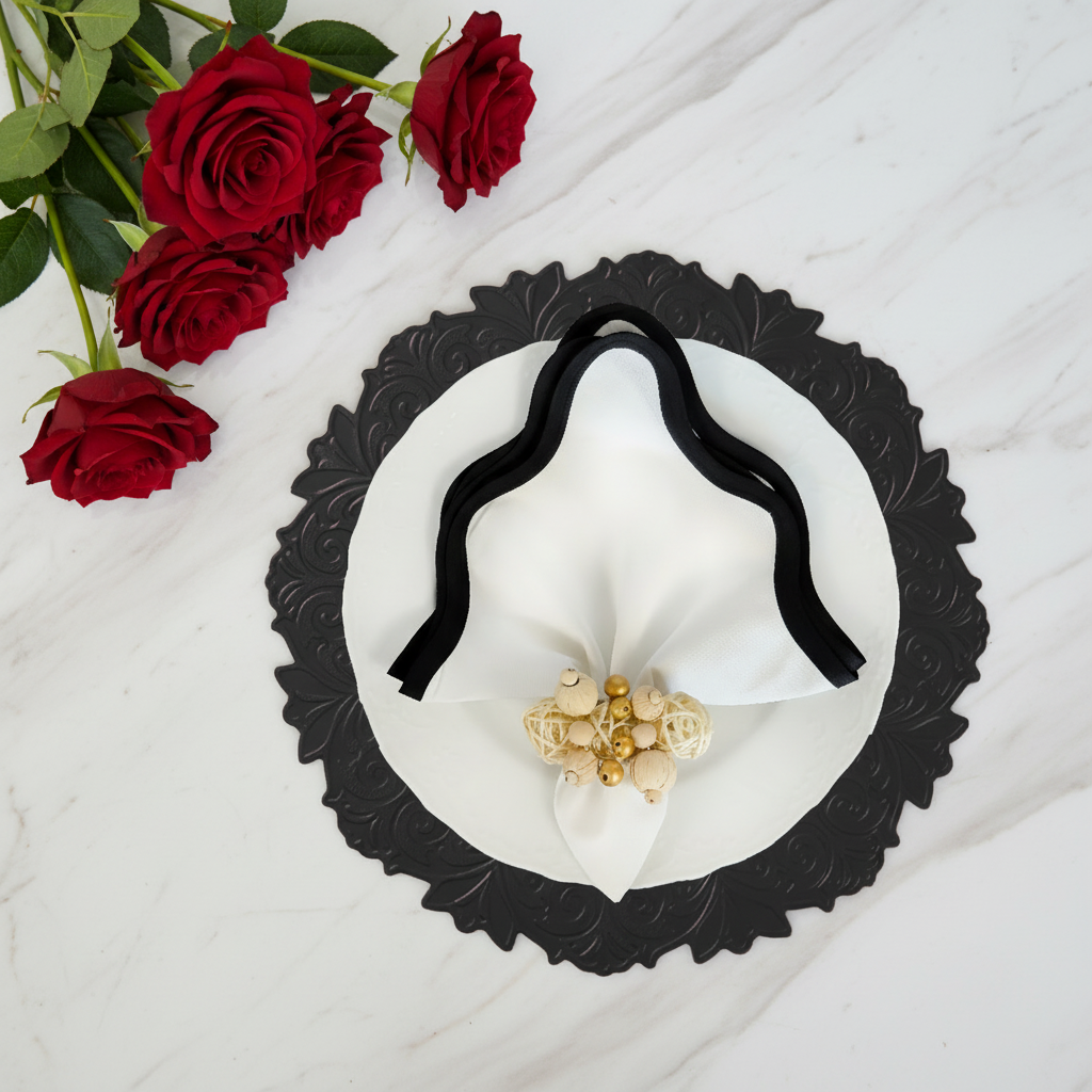 Black Embossed Faux Leather Round Placemat, Set of 4