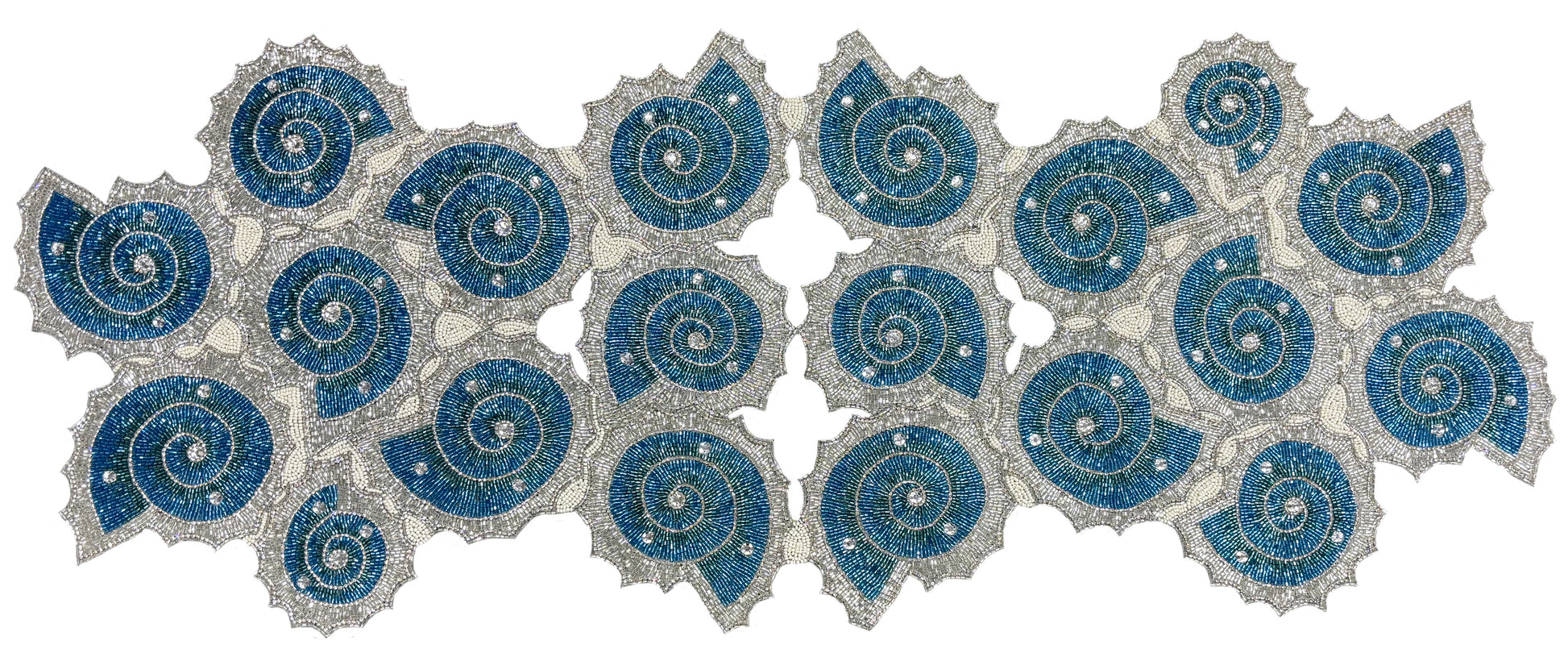 Elegant table setting with decorative blue handmade beaded table runner with silver and blue glass beads and rhinestones