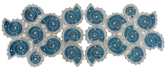 Elegant table setting with decorative blue handmade beaded table runner with silver and blue glass beads and rhinestones