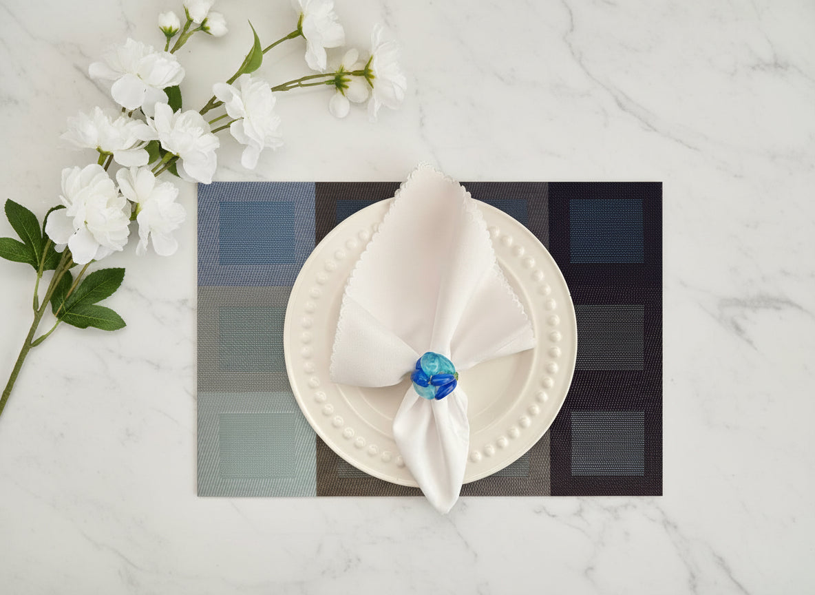 Blue Squares Rectangle Woven Placemat in Blue Gradient, Set of 4