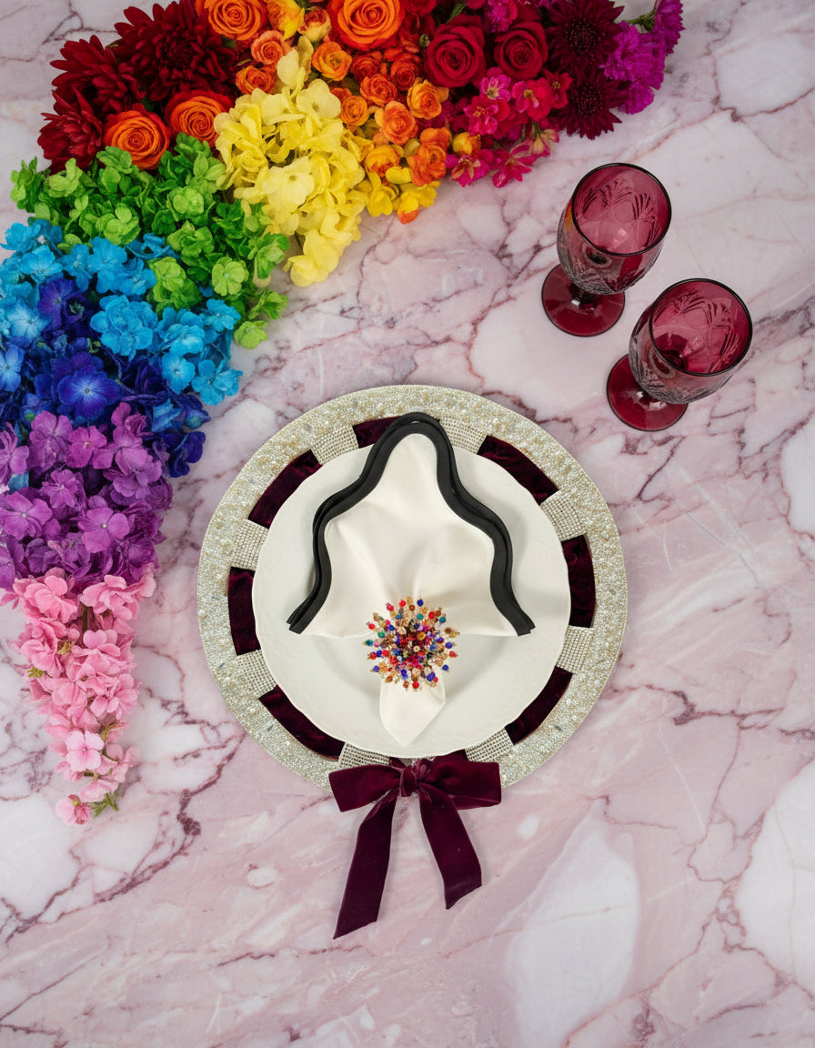 Bow Beaded placemat with Interchangeable Ribbons in Ivory, Set of 2