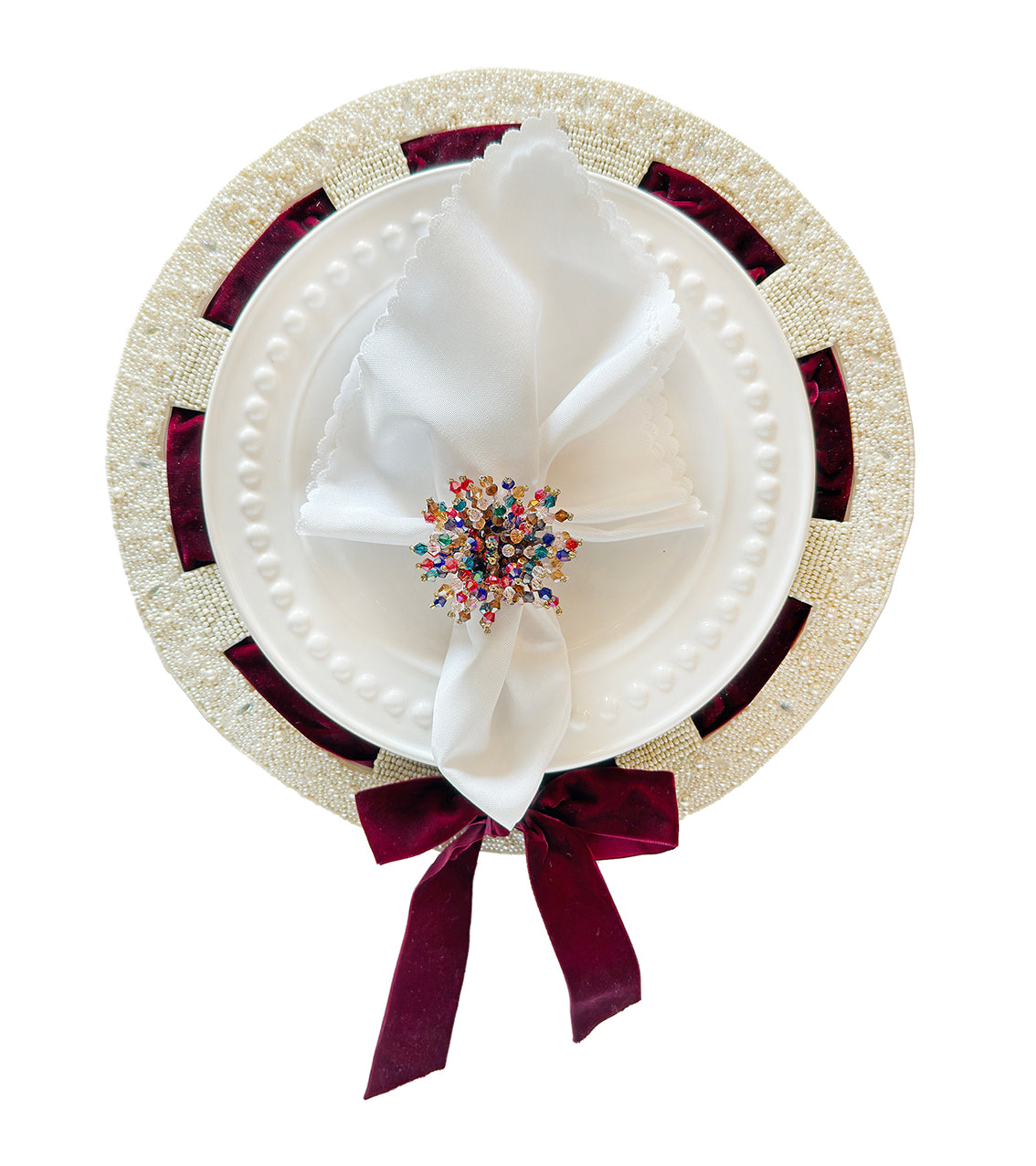 Bow Beaded placemat with Interchangeable Ribbons in Ivory , Set of 2