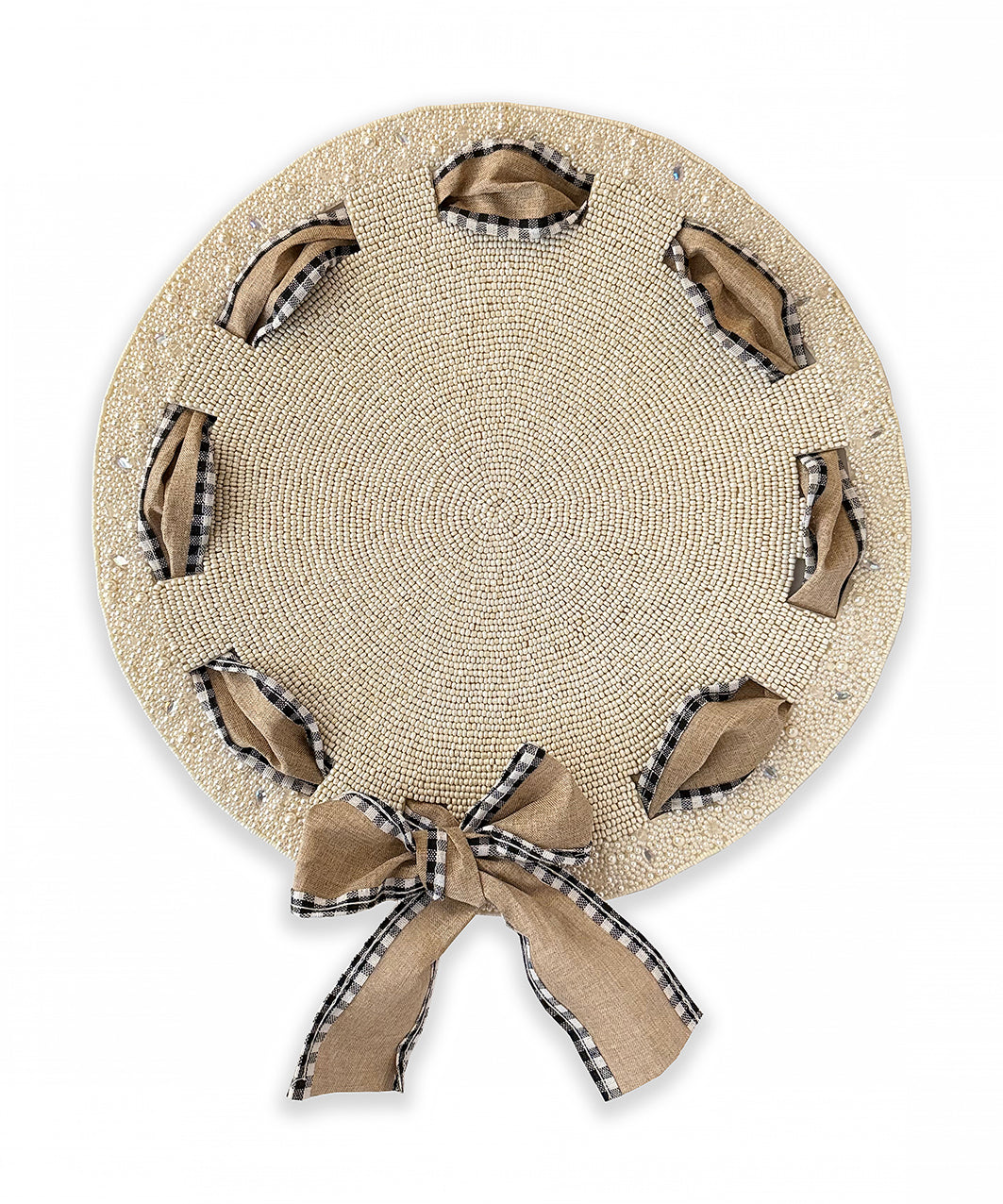 Bow Beaded placemat with Interchangeable Ribbons in Ivory , Set of 2