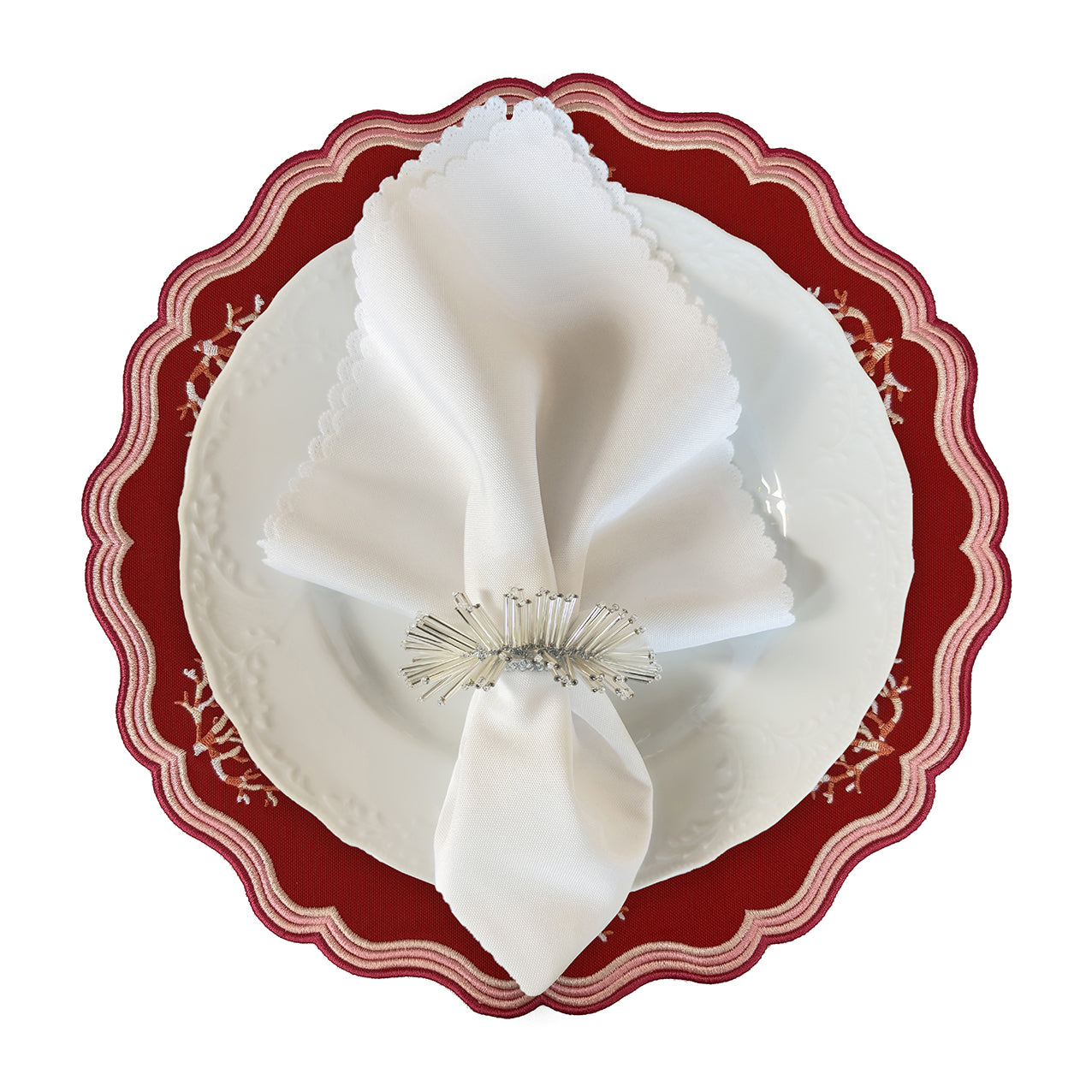 Embroidered Coral placemat, Set of 4