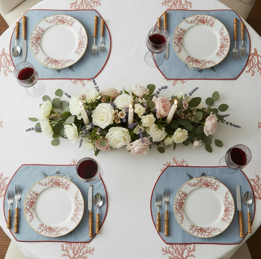 Embroidered Mackerel placemat in Denim Blue, Set of 4