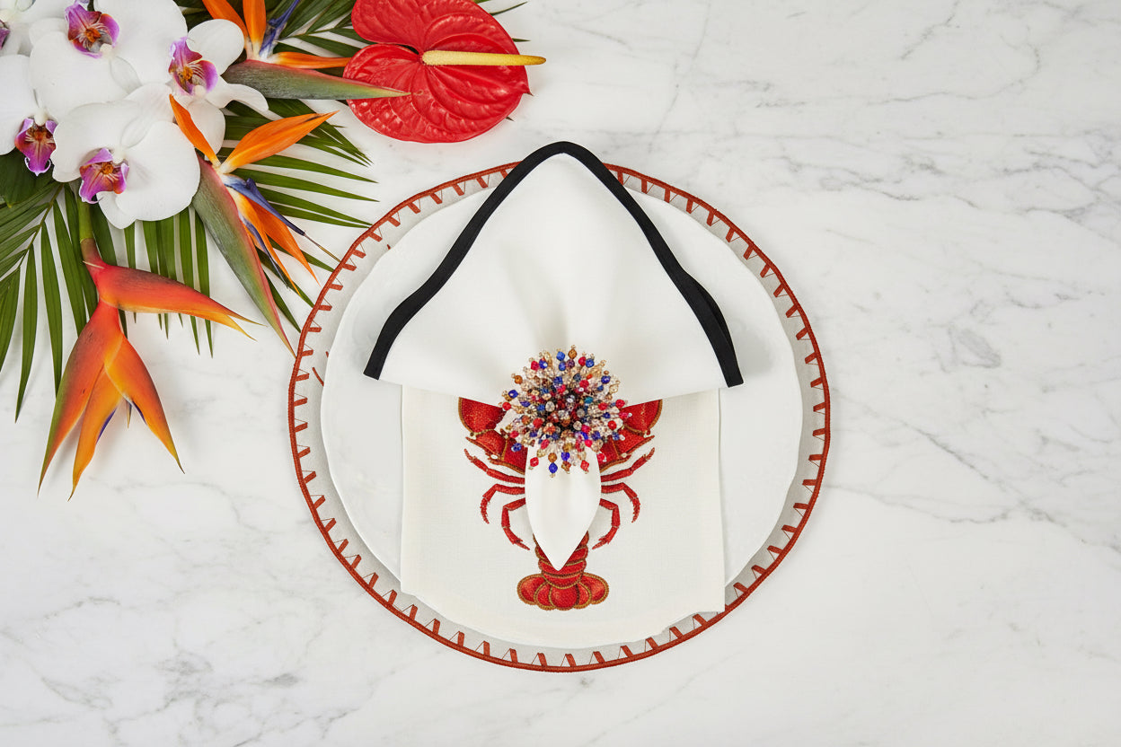 Embroidered Lobster placemat in Ivory & Terracotta Red, Set of 4