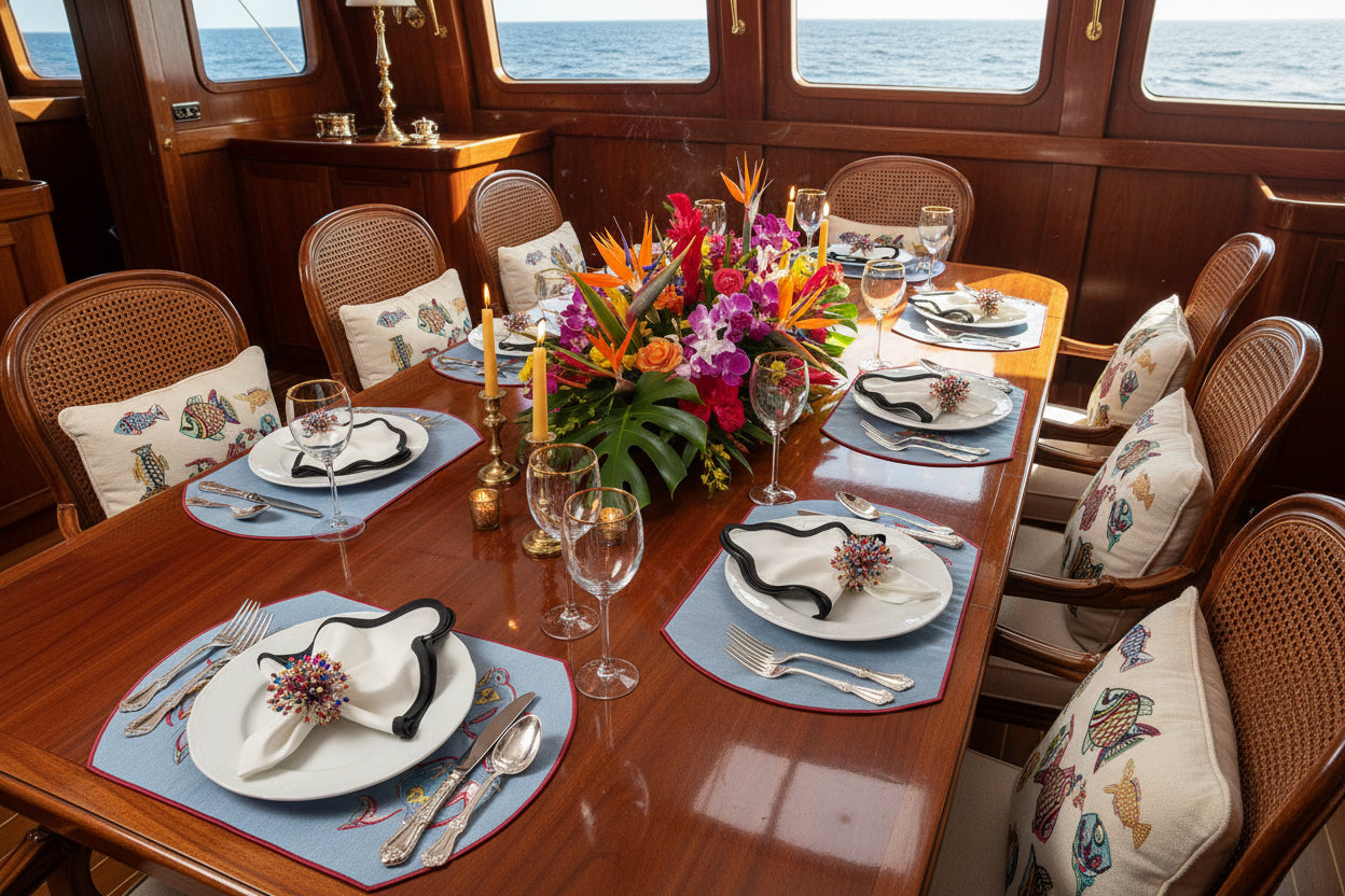 Embroidered Mackerel placemat in Denim Blue, Set of 4