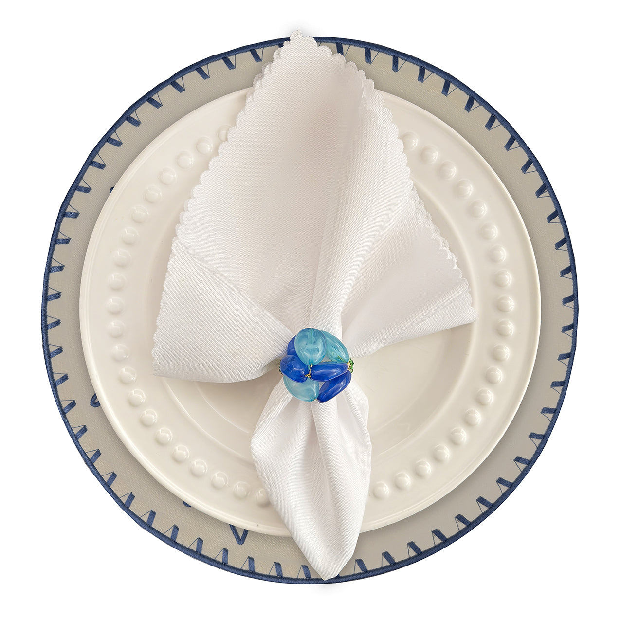 Embroidered Starfish placemat in Ivory & Blue, Set of 4