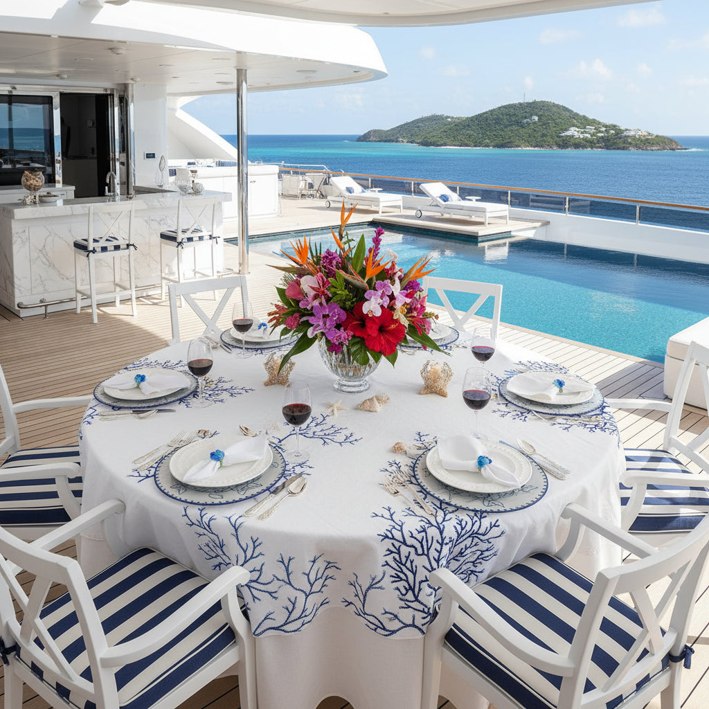 Embroidered Starfish placemat in Ivory & Blue, Set of 4