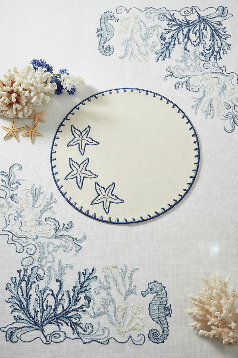 Embroidered Starfish placemat in Ivory & Blue, Set of 4