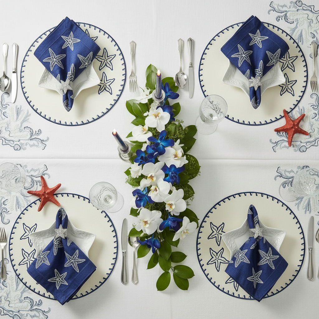 Embroidered Starfish placemat in Ivory & Blue, Set of 4