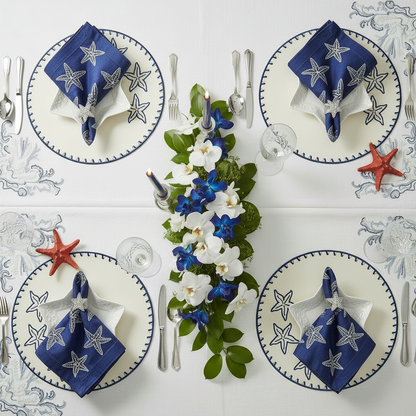Embroidered Starfish placemat in Ivory & Blue, Set of 4