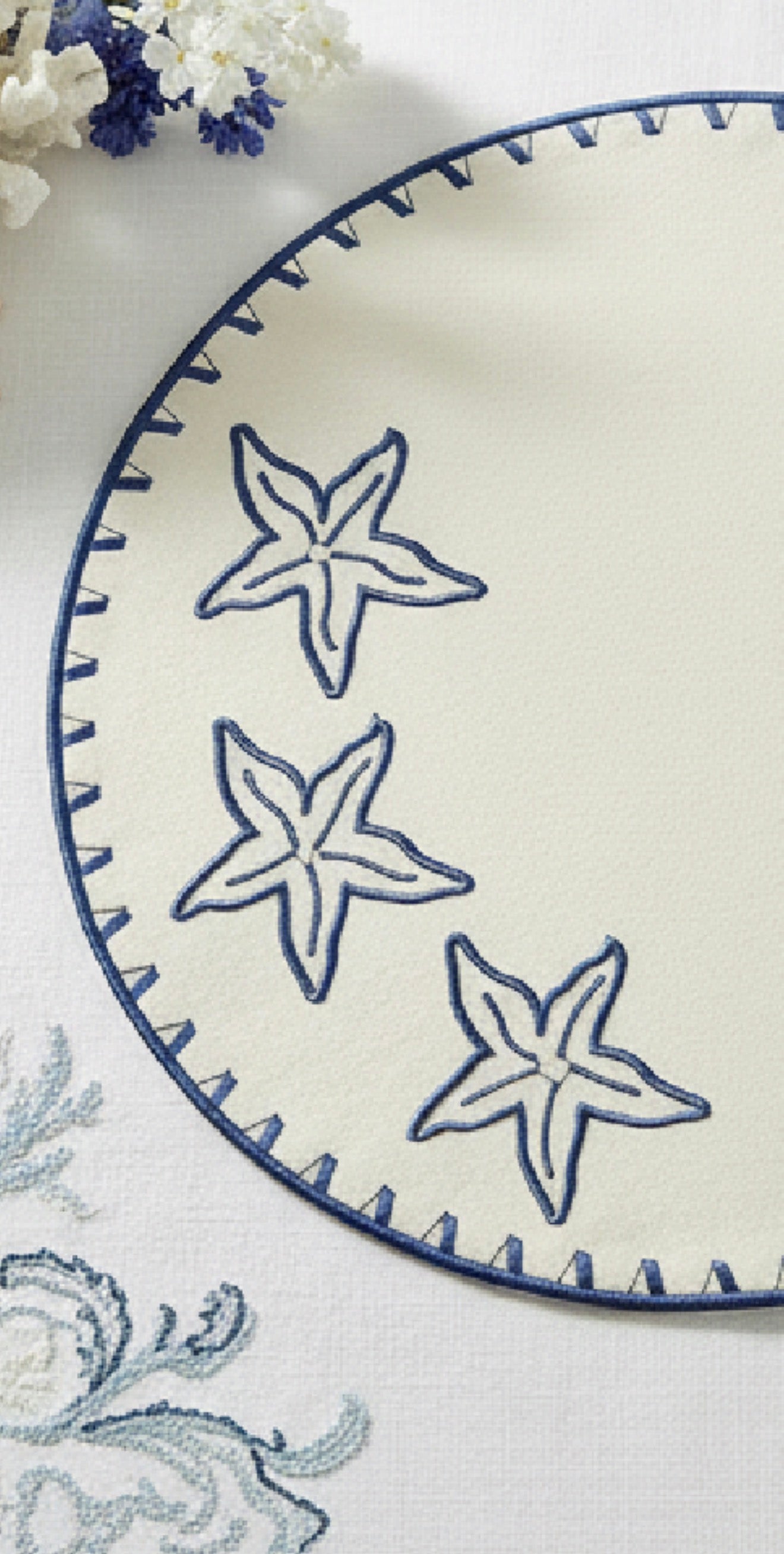 Samples Embroidered Starfish placemat in Ivory & Blue x 4