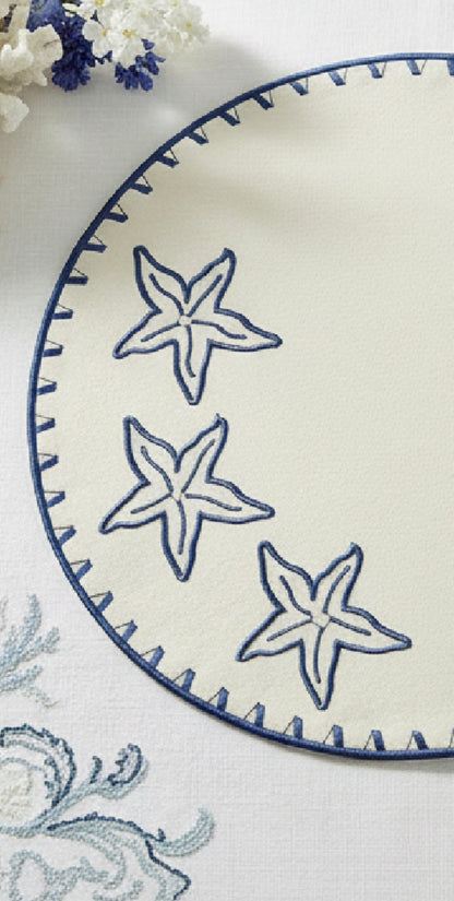 Samples Embroidered Starfish placemat in Ivory & Blue x 4