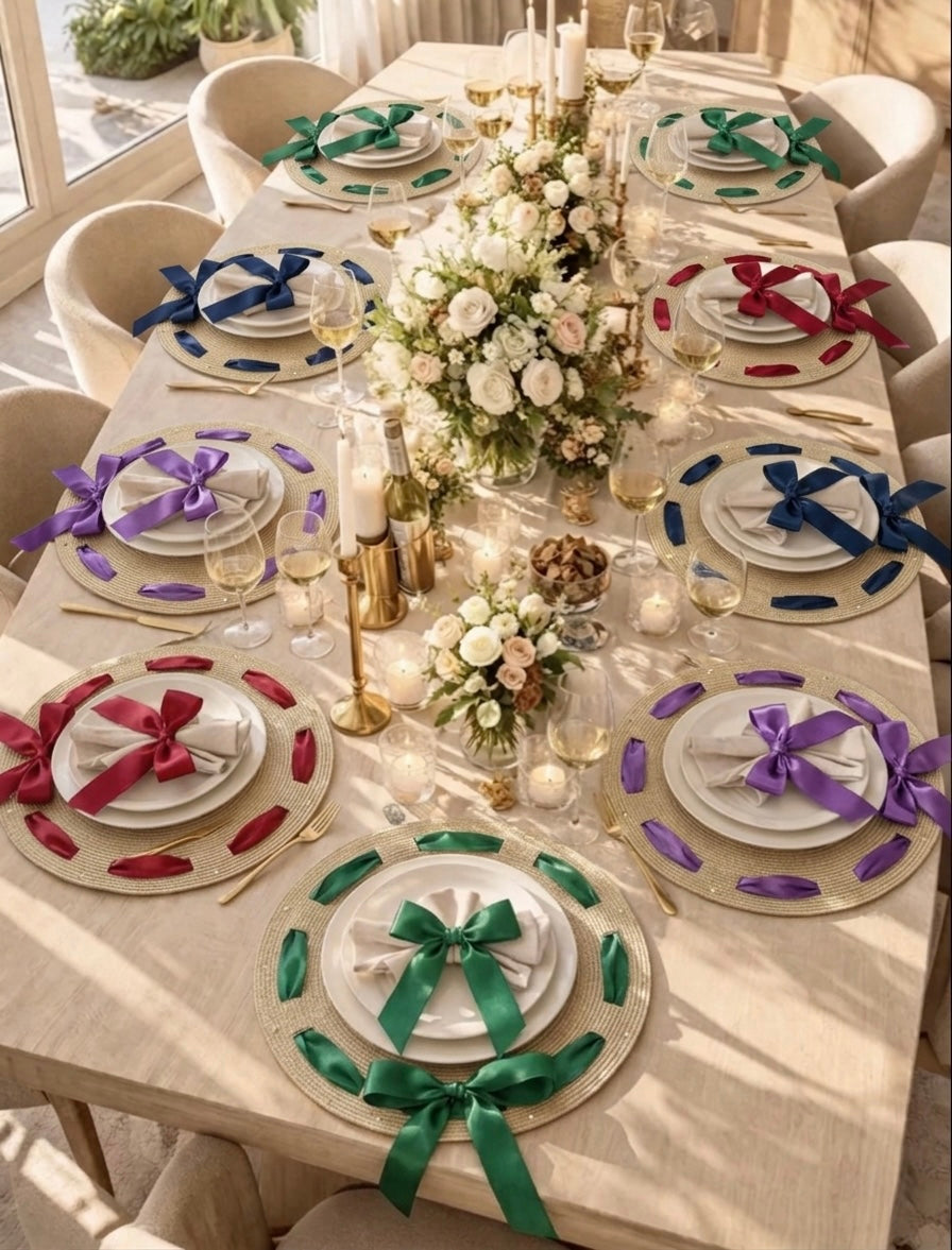 Bow Beaded placemat with Interchangeable Ribbons in Ivory, 1 piece