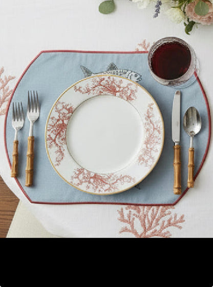 Samples Embroidered Mackerel placemat in Denim Blue x 4