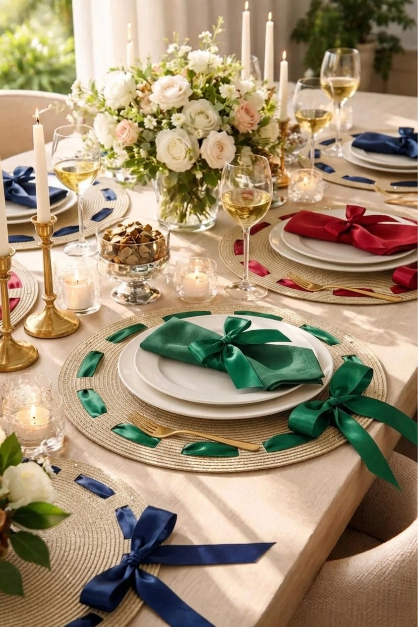 Bow Beaded placemat with Interchangeable Ribbons in Ivory, 1 piece