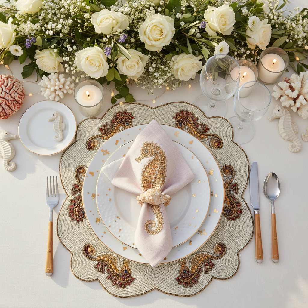 Seahorses Beaded Placemat , Set of 2