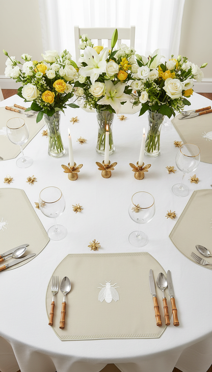 Embroidered Honey Bee placemat in Dark Ivory, Set of 4