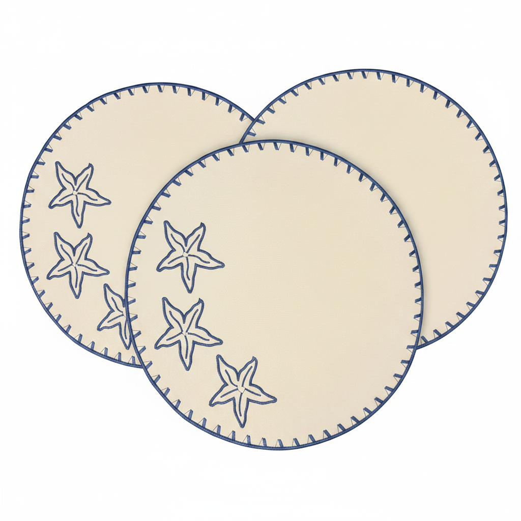 Samples Embroidered Starfish placemat in Ivory & Blue x 4