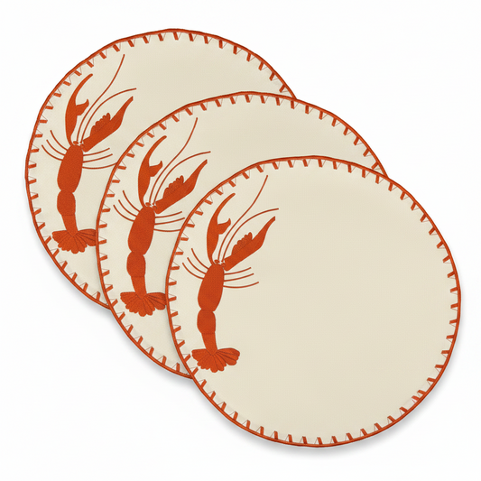 Samples Embroidered Lobster placemat in Ivory & Terracotta Red x 3