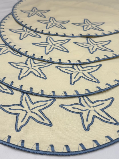 Samples Embroidered Starfish placemat in Ivory & Blue x 4