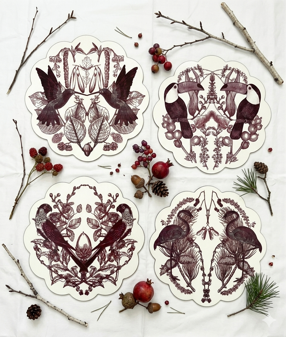 Samples Vintage birds scalloped printed placemats. X 4