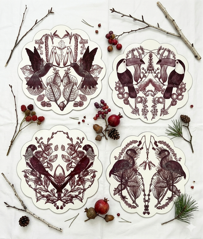 Samples Vintage birds scalloped printed placemats. X 4