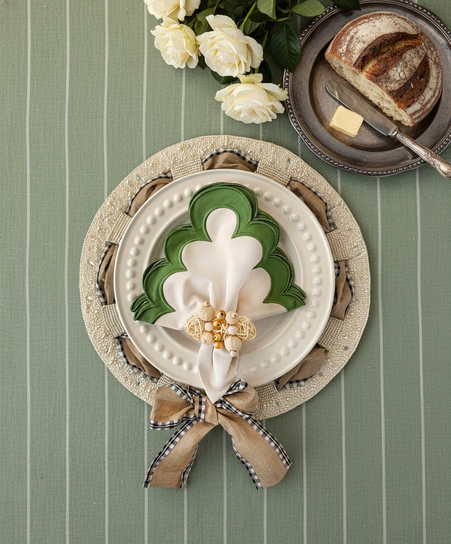 Bow Beaded placemat with Interchangeable Ribbons in Ivory, Set of 2