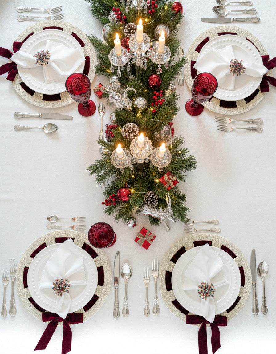 Bow Beaded placemat with Interchangeable Ribbons in Ivory, Set of 2