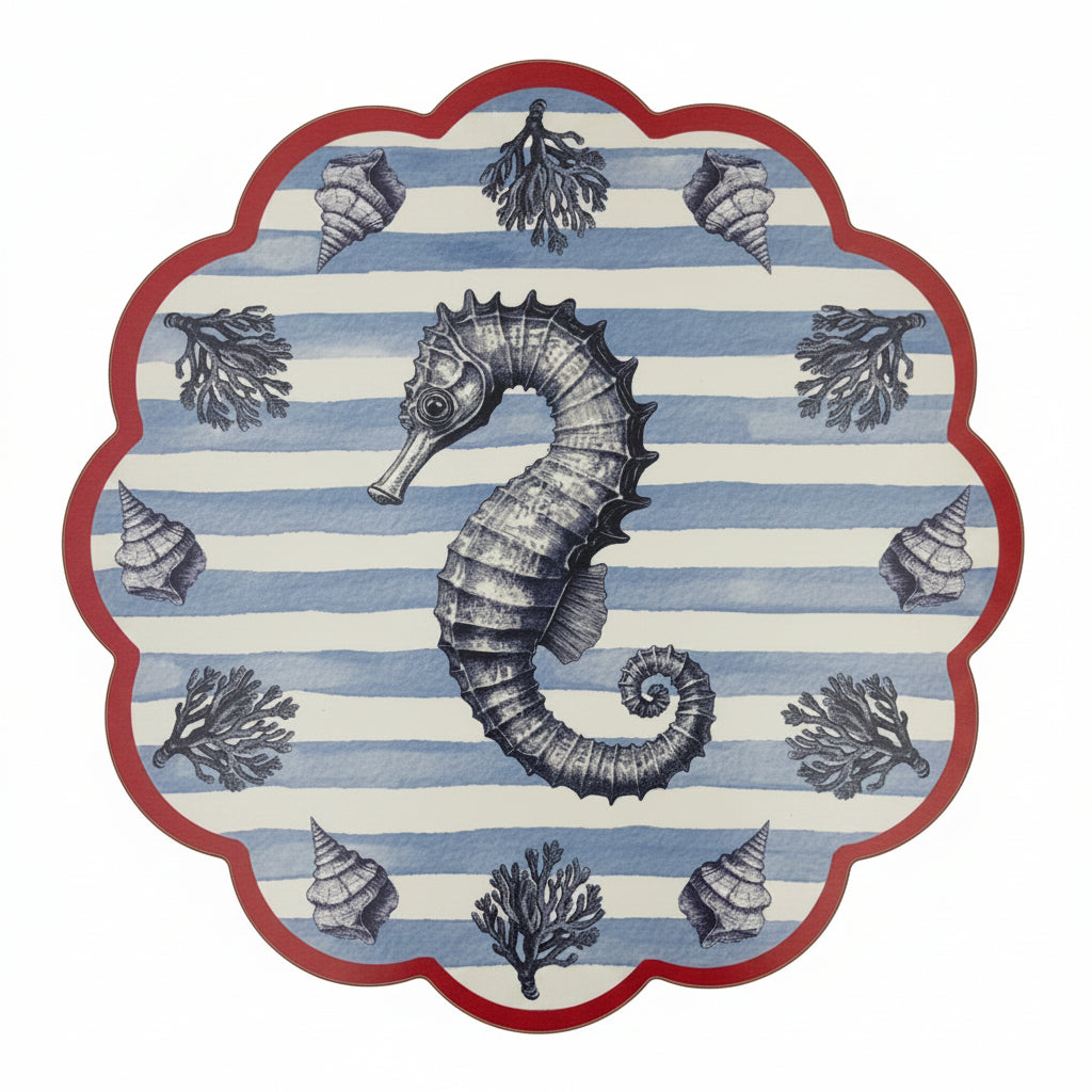 Samples Blue striped with red pattern coastal scalloped printed placemats. X 3