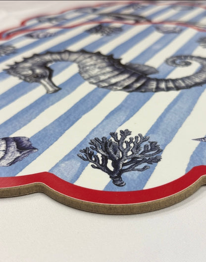 Samples Blue striped with red pattern coastal scalloped printed placemats. X 3