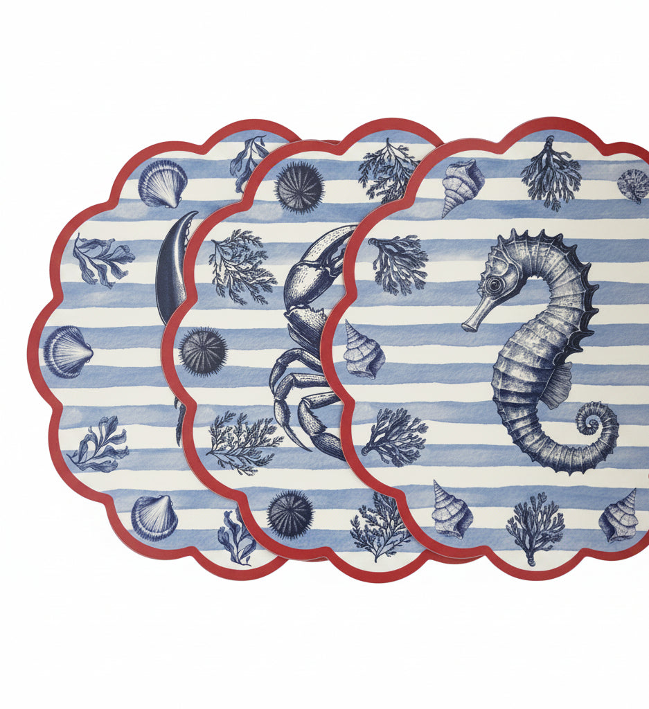 Samples Blue striped with red pattern coastal scalloped printed placemats. X 3