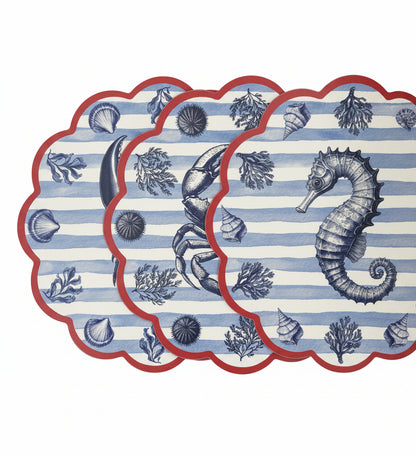 Samples Blue striped with red pattern coastal scalloped printed placemats. X 3