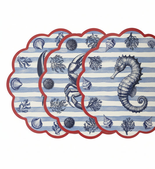 Samples Blue striped with red pattern coastal scalloped printed placemats. X 3