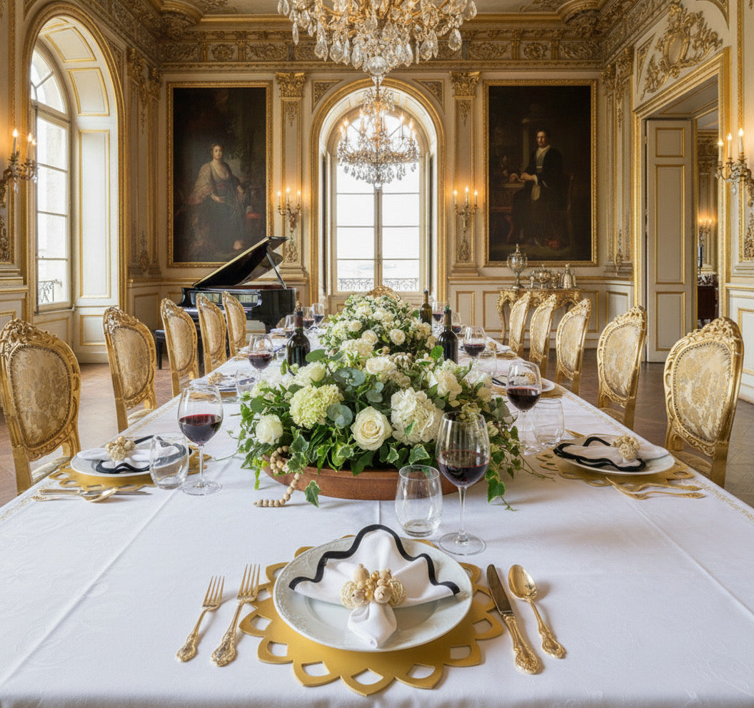 Elegant dining room with a grand piano, ornate decor, and a formally set table.