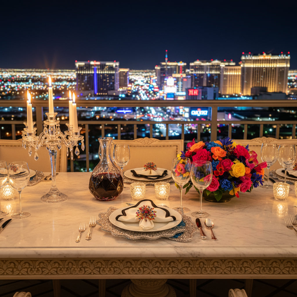 Las Vegas Decorative napkin rings with multicolour glass beads with a white and black trim napkin on a white plate set on a blue and silver beaded shell placemat with a white background