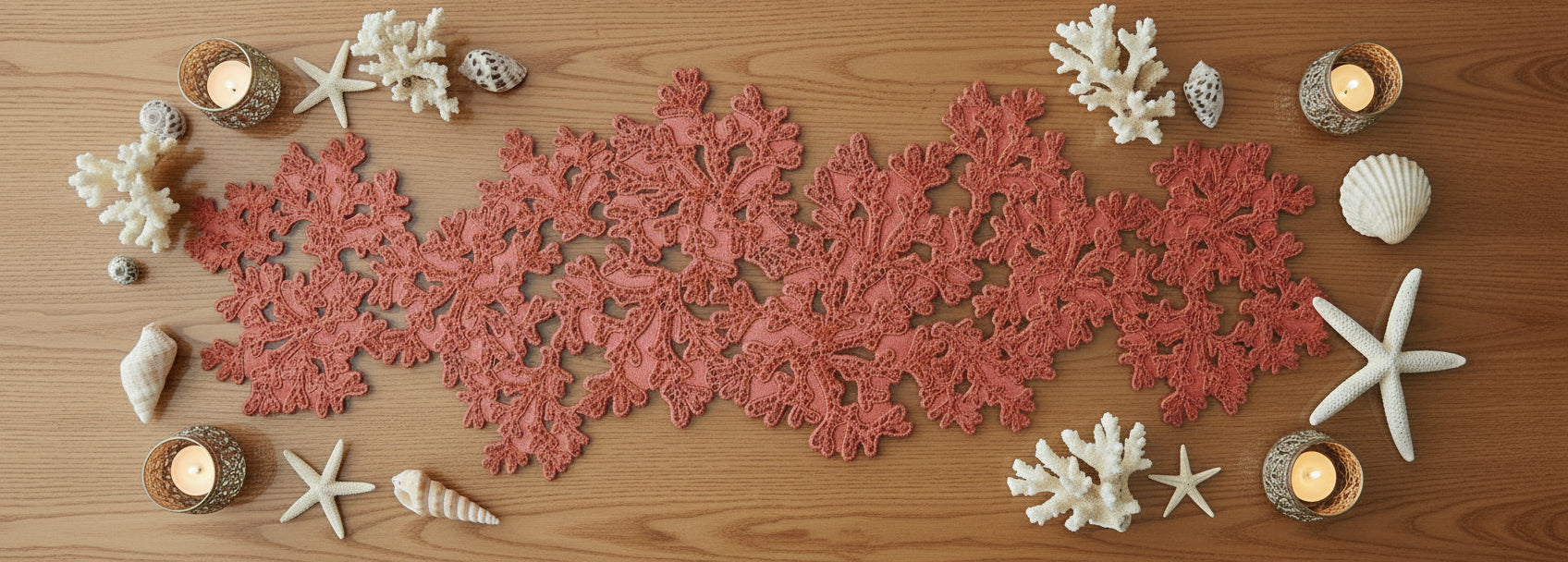 Red coral pattern table runner on a white background