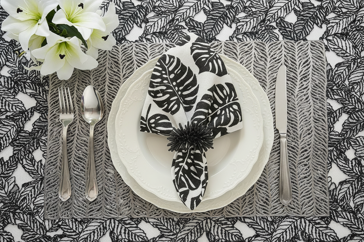 Silver Metallic Leaves cut out Rectangle Placemat, Set of 4