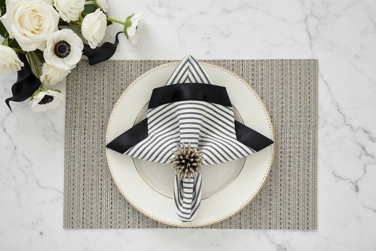 White & Black striped weaved Rectangle Placemat, Set of 4